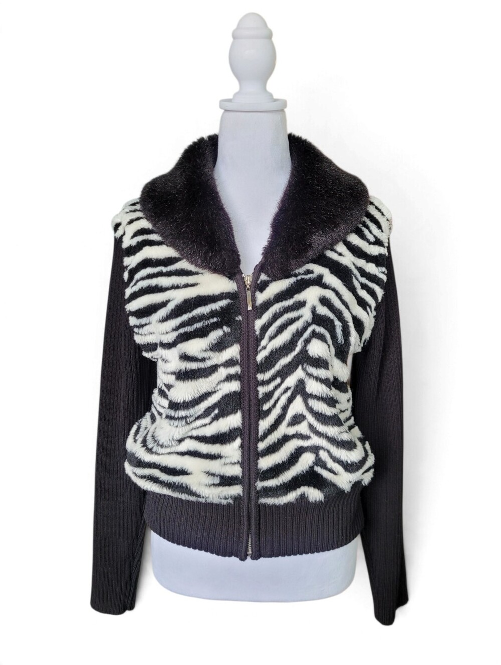 Vintage Knit And Faux Fur Zebra Zip Jacket With Faux Fur Collar Small